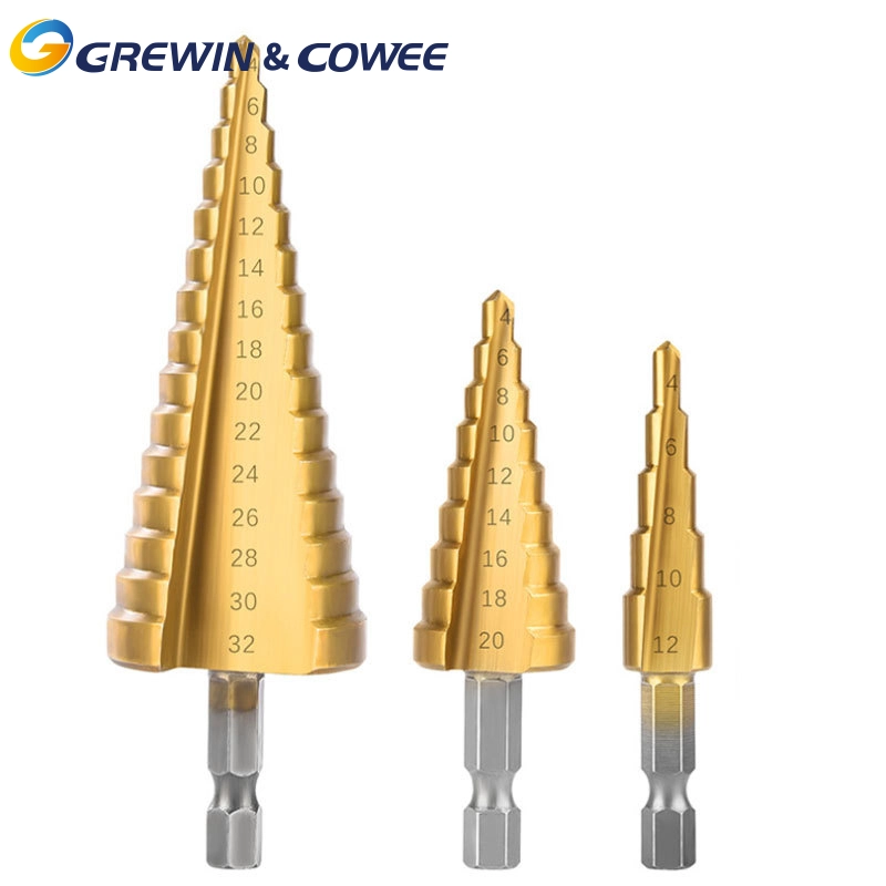 Grewin&Cowee 3PCS 29 step size HSS Titanium Step Drill Bit Set for Sheet Metal with Aluminum Case Chinese supplier